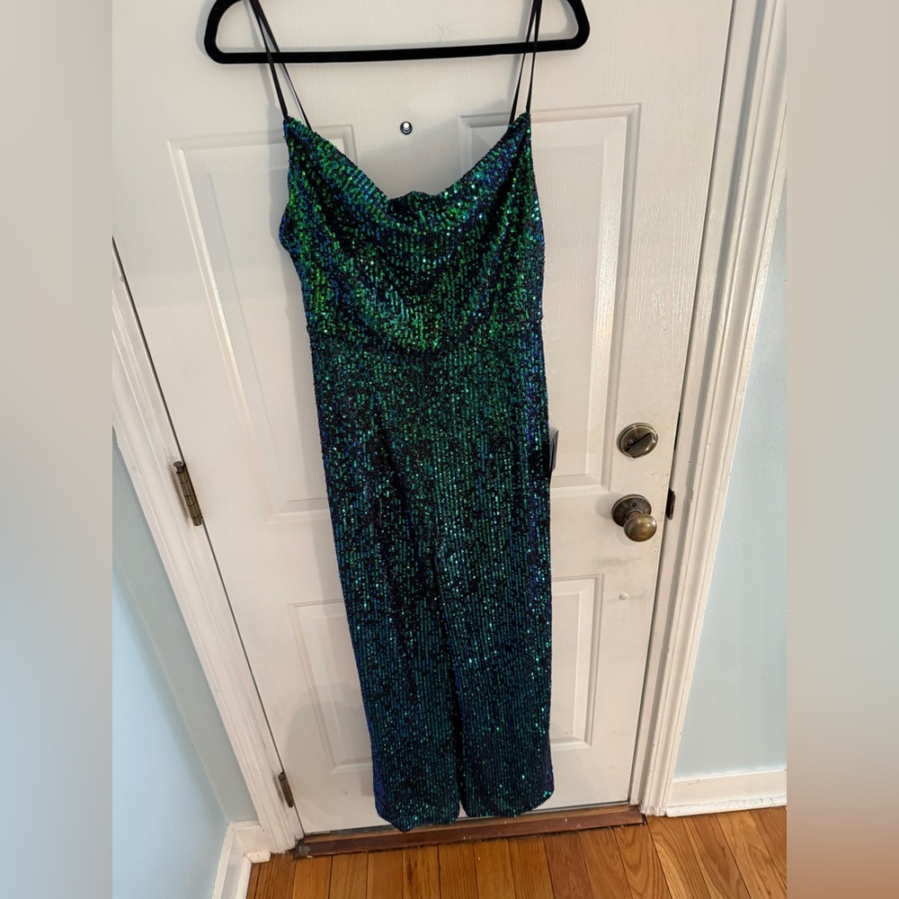 Green Iridescent Sequin Wide-Leg Jumpsuit
